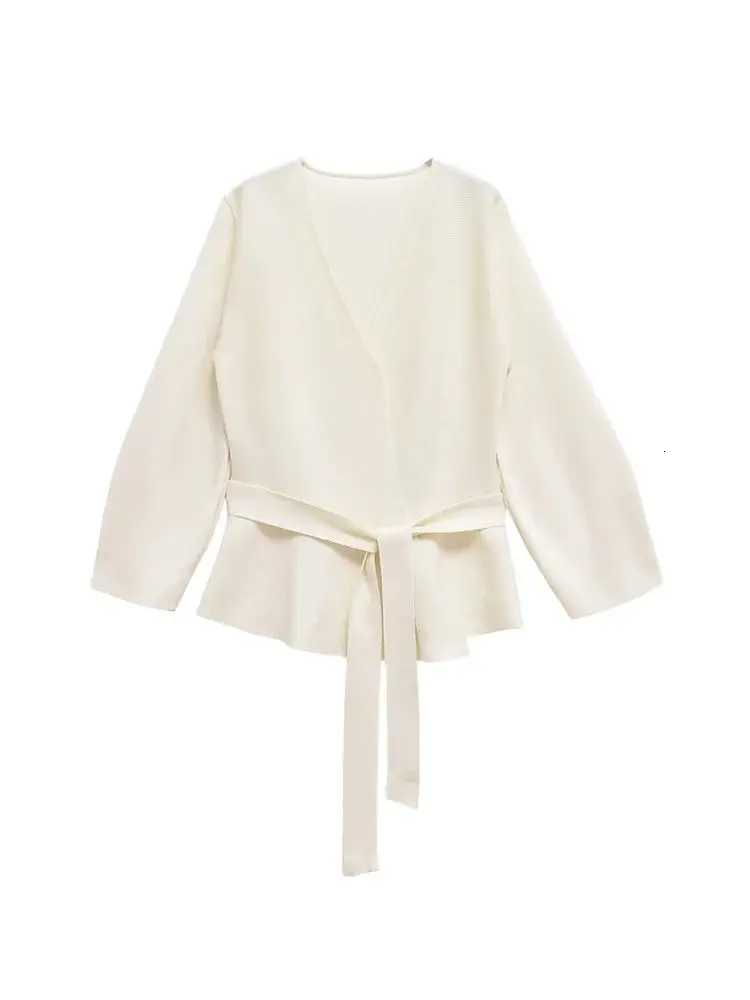 TRZA Womens Belted Knit Cardigan Sweater VNeck Long Sleeve Fashion Outerwear with Shoulder Pads Chic Top for Ladies M250904