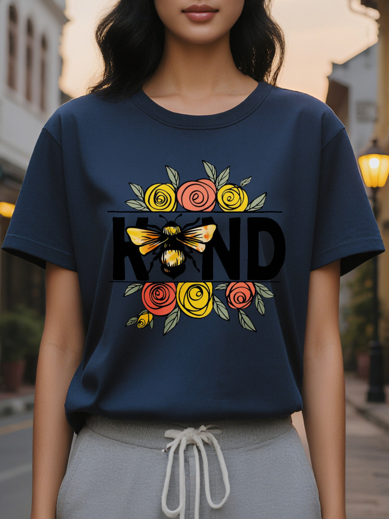 Women's Be Kind T-shirt elegant round neck sleeve top with colorful bee flower rose design soft cotton