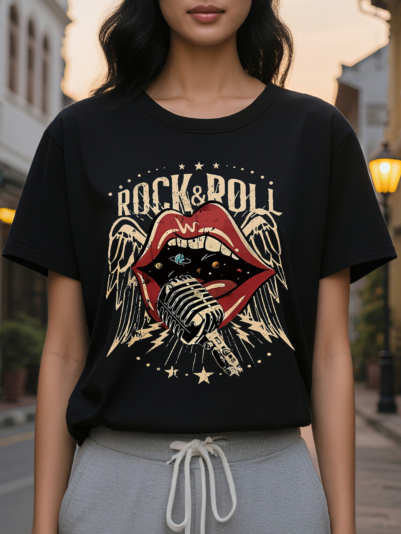 Large XL Women S Vintage Roll Microphone Mouth Graphic Tee Crew Neck Short Sleeve T-Shirt Summer Fashion All-Season Top Plus Size