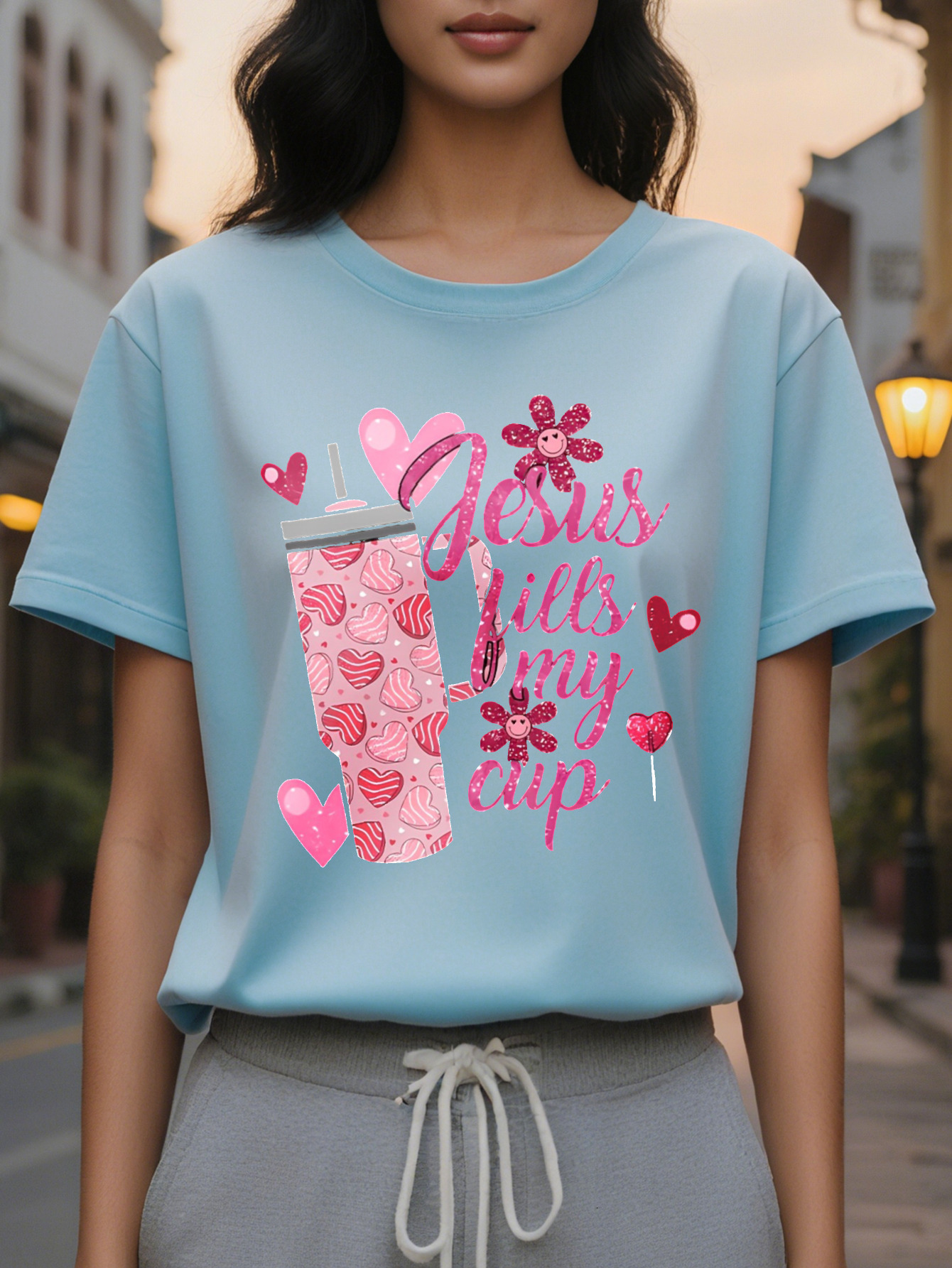 Valentine Jesus Fills My Cup Printed T-shirt Short Sleeve Round Neck Casual Top Summer and Spring Women