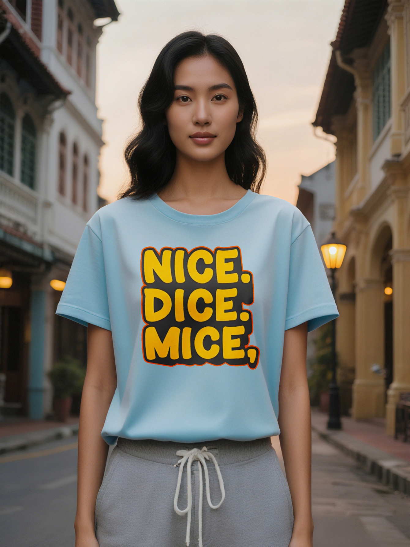 Lady Casual Nice Dice Mice T-Shirt Black with Orange Border Round Neck Stretch Fabric Summer Style Perfect Gift