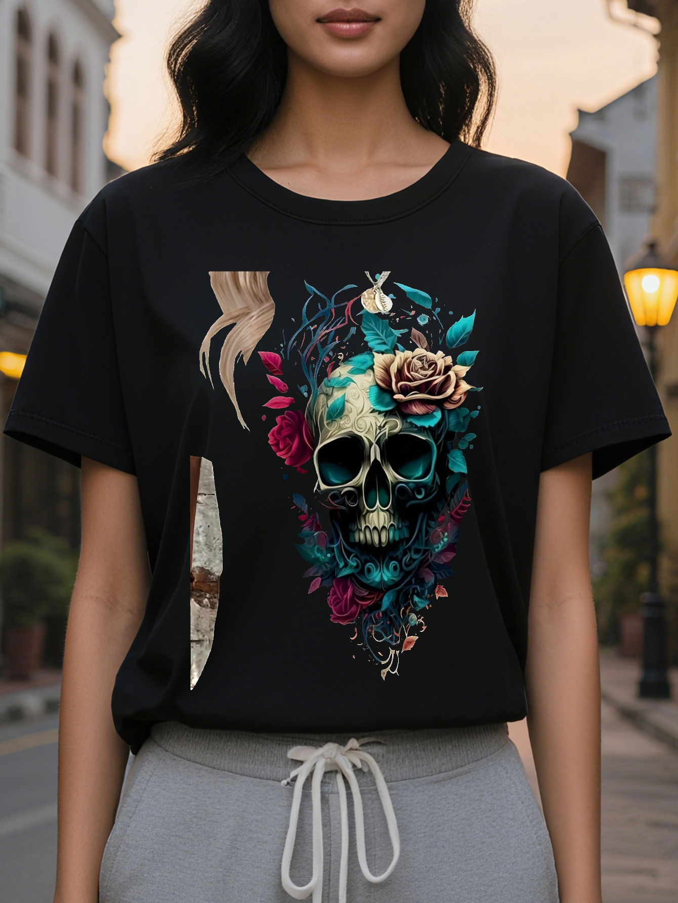 Women's casual round neck T-shirt with floral skull print, cotton knitted fabric, regular length, all-season top