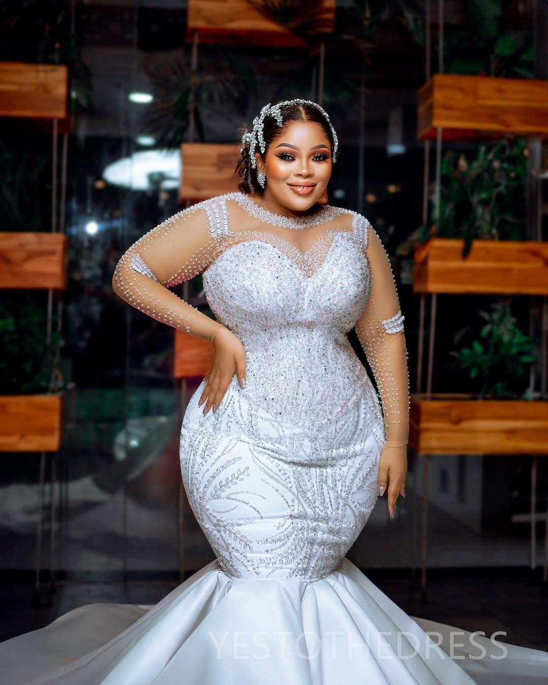 2025 Plus Size Off White Wedding Dress Bridal Gowns For Bride Mermaid Wedding Gowns Sheer Neckk Illusion Long Sleeves Pearls Beaded Lace Bridal Dress 