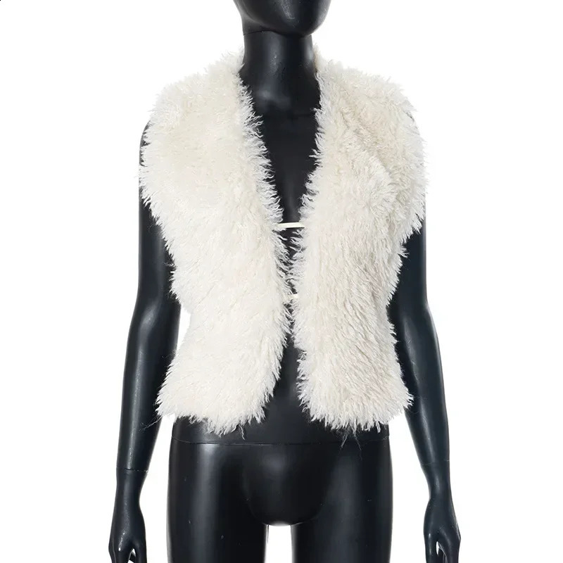 Fluffy Faux Fur Halter Vests Women Solid Deep V-Neck Backless Bandage Sleeveless Jackets Top Winter Wamr Outerwear Coat 250823