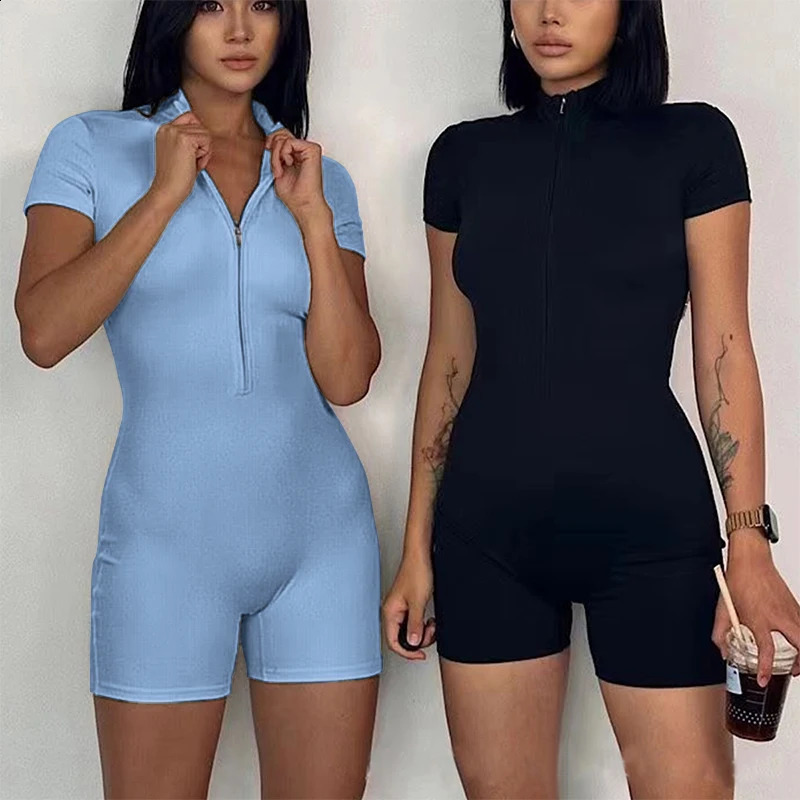Zipper Dance Gym Jumpsuit Short Sleeve Playsuit Women Romper Sexy Yoga Fitness Overalls One Piece Sports Suit Workout Clothes 250904