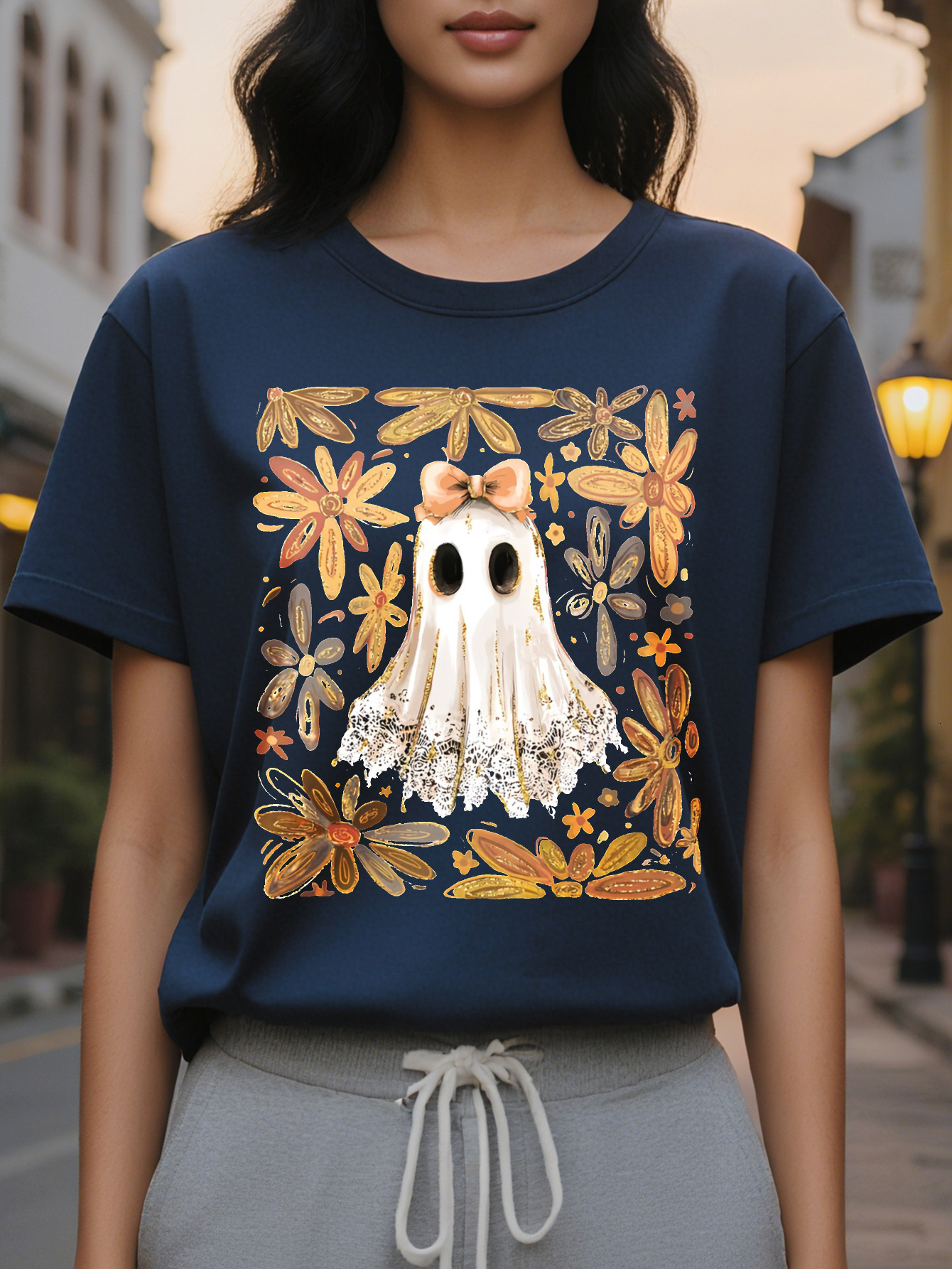 Women S T Shirt Spooky Ghosts Pumpkins Floral Print Black Background with Orange Accents Loose Fit Casual Party