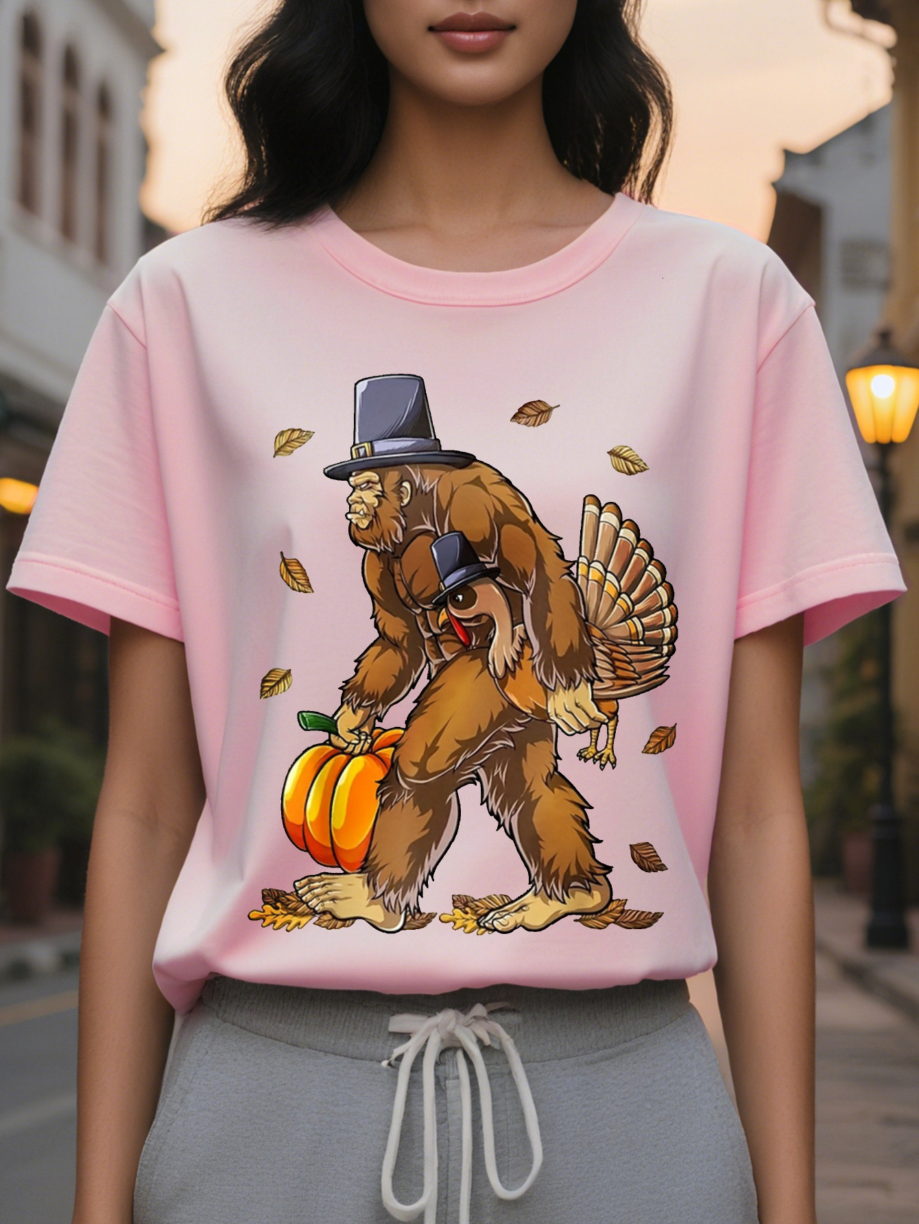 Large XL Women S T-Shirt Cute Pumpkin Bear Printed Hat Graphic Soft Beige Loose Fit Tee Everyday Party Outfit All Season Casual Plus Size