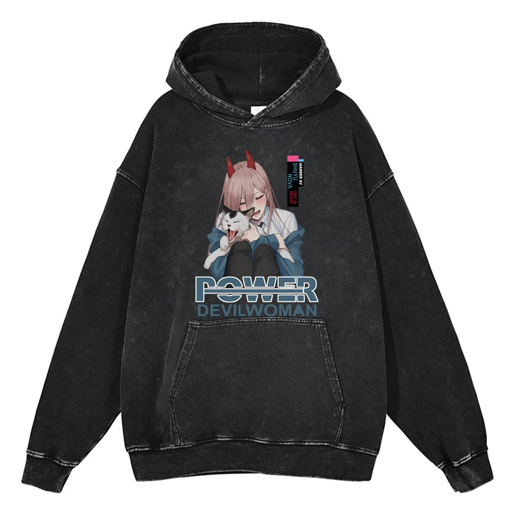 440g Heavyweight Washed Vintage Chainsaw Man Cartoon Anime Street Retro Cotton Hoodie Streetwear Hooded Sweatshirt - TT8250