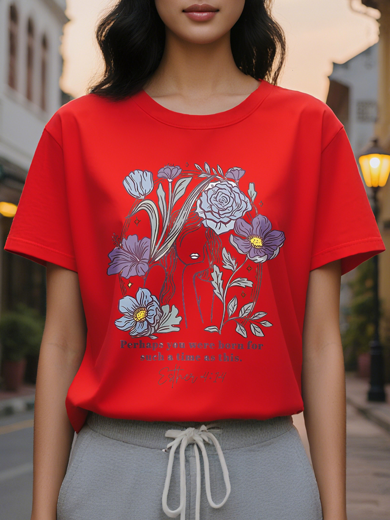 FLOWER American Printed Pattern Spring and Summer New Fashion Round Neck T-shirt Slim Fit Slimming Women's Short Sleeve