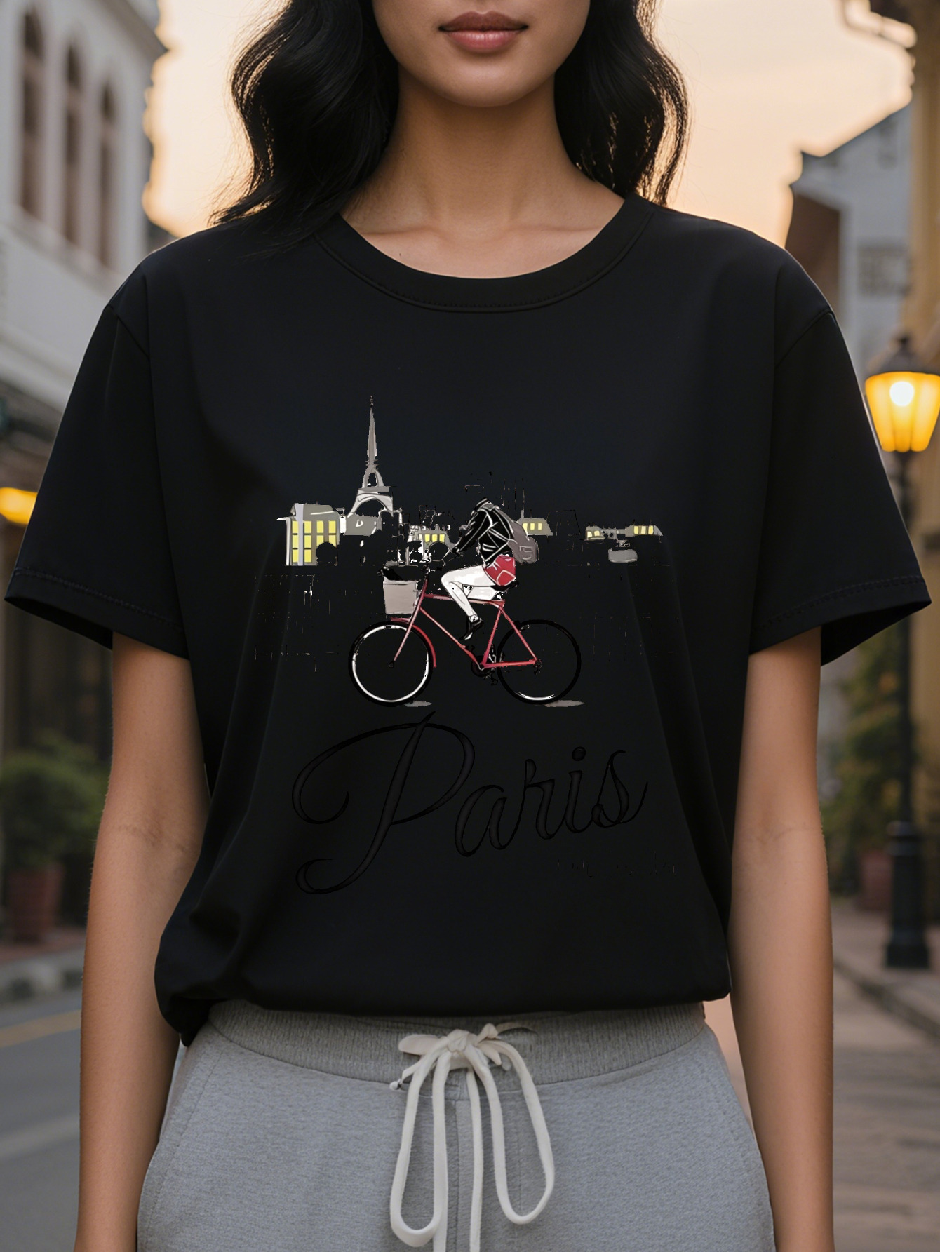 Paris Printed T-Shirt, Round Neck, Casual Top, Suitable for Autumn and Winter Season, Women's Clothing