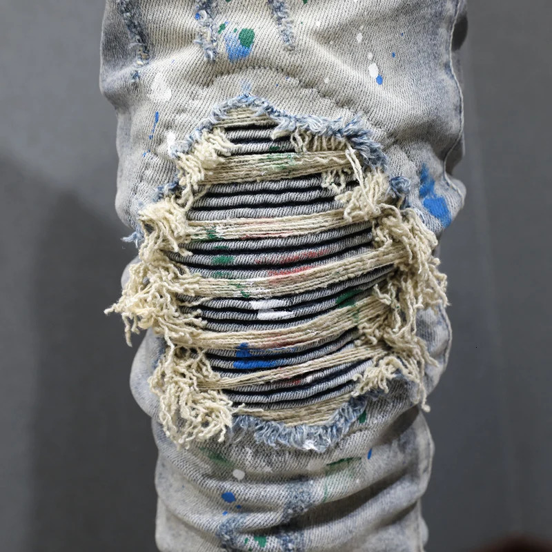 Y2KStreet fashion mens light blue jeans paint washed nostalgic perforated patch hiphop pants hombre 250823Z