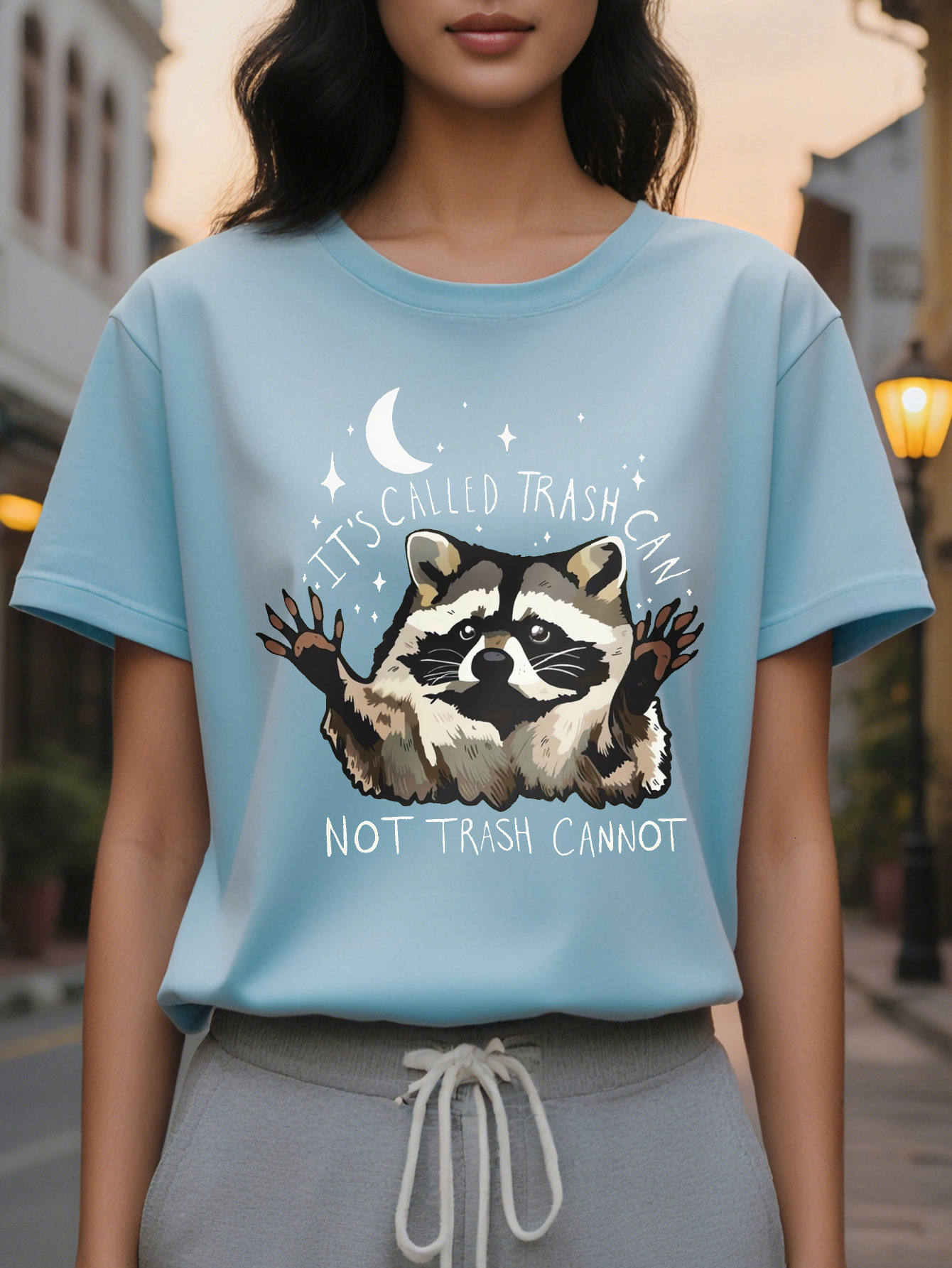 Large XL Women's Casual Fitted Round Neck T-Shirt Humorous Trash Can Graphic Print Gray Medium Stretch Washable Summer Plus Size