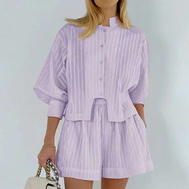 Women's Clothing Cotton Jacquard Striped Casual Stand Up Collar Puff Sleeve Button Shirt Shorts Suit