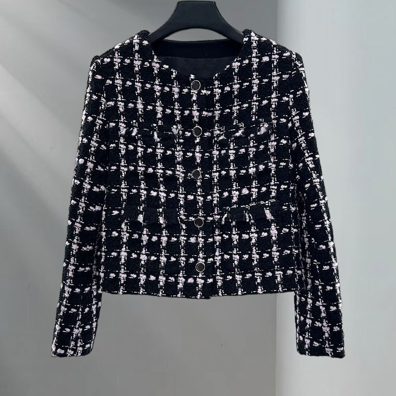 Luxury Retro Ladies Black Tweed Check Stripe Coat, Round Neck Button Down Oversized Wool Blend Jacket Fringe Detail Elegant Clothing S0910