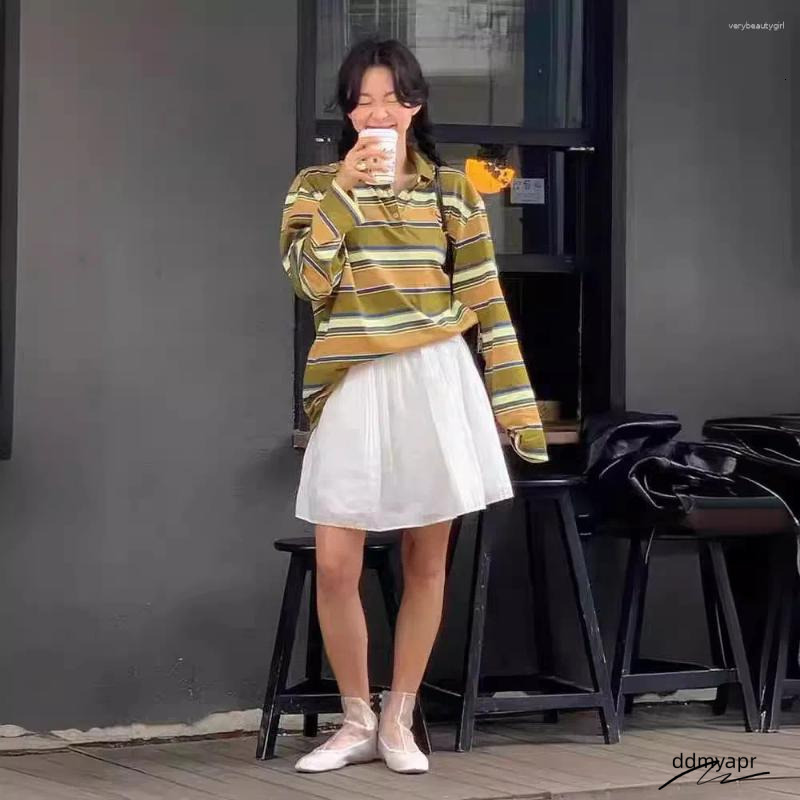 Women's T Shirts Spring And Summer Clothing Letter Embroidery Sticker Loose Striped Long Sleeved Polo Ddmyday Shirt Top Ddmyday Ddmyday Ddmyday