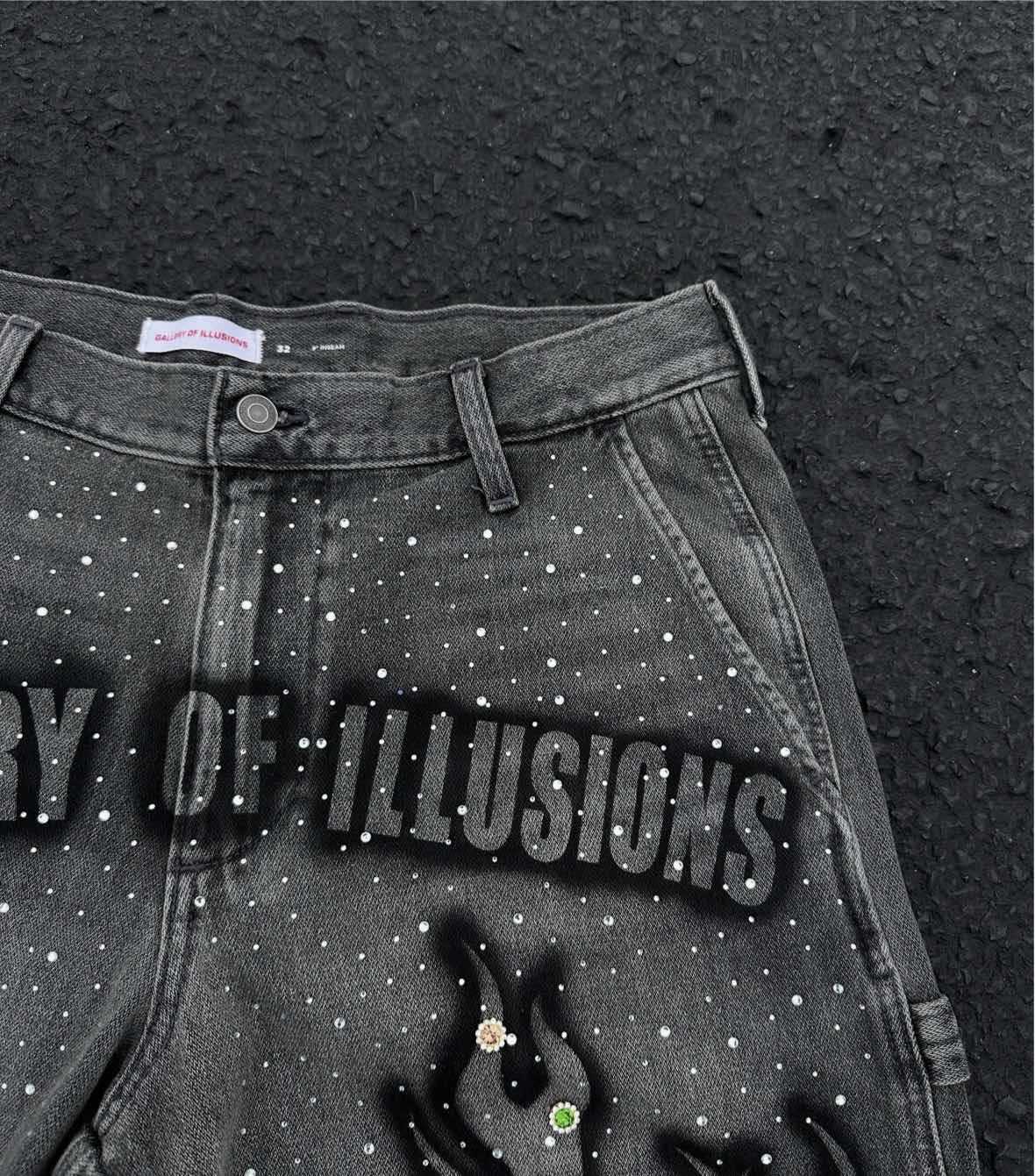 Men's Shorts Tassel Flame Print Pattern Rhinestone Butterfly Decoration Loose Denim Retro American Street Men Women Fashion Jeans