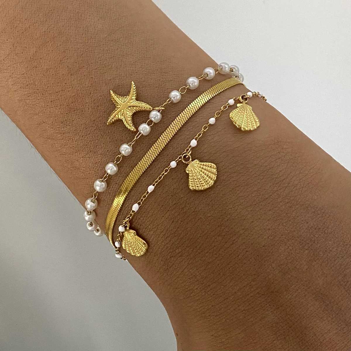 Yori Ocean Style Starfish Shell Three Layer Chain Bracelet 18K PVD Plated Summer Daily Jewelry Hypoallergenic for WomenXJ250904