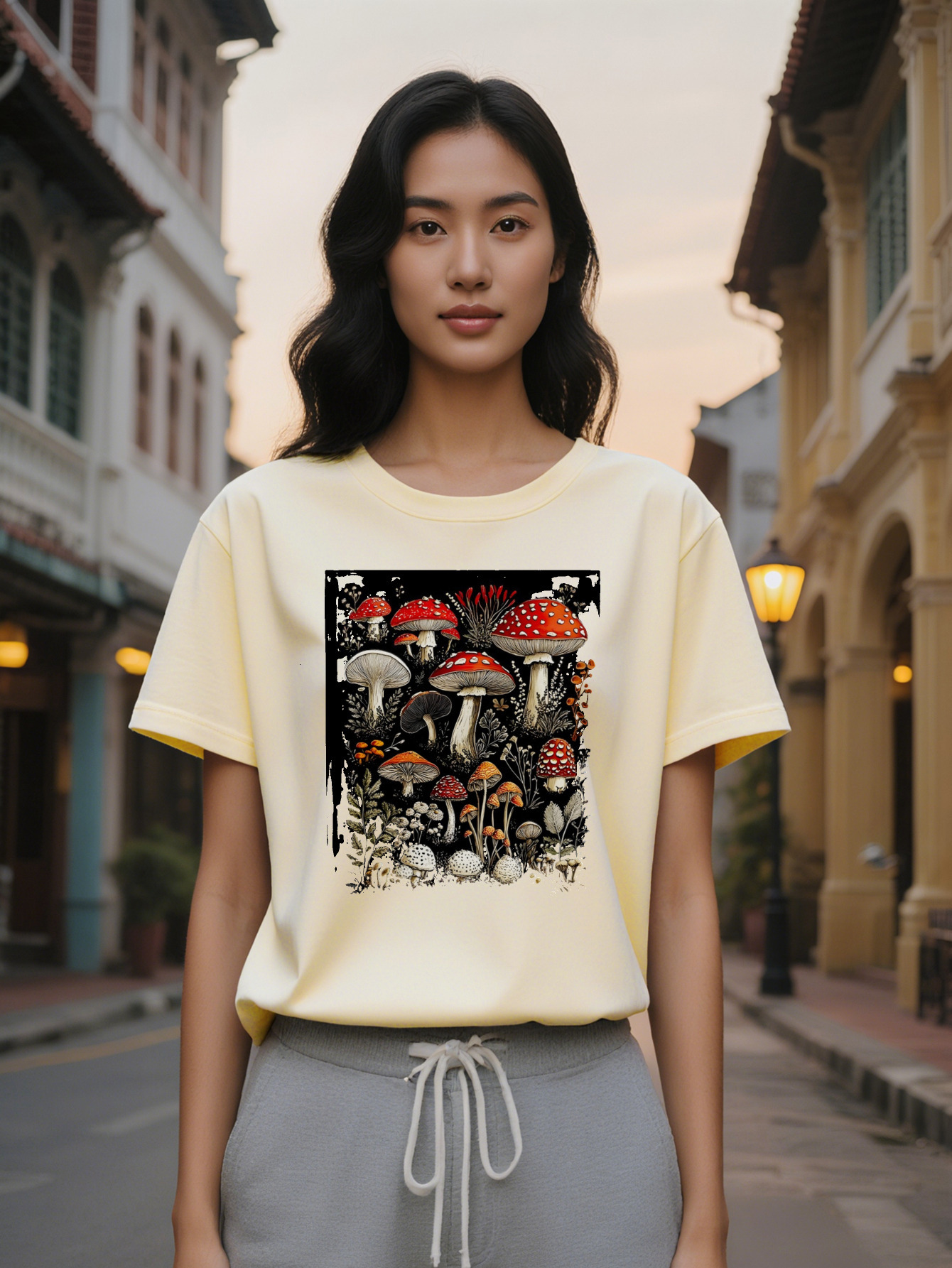 Large XL Lady Short Sleeve T-Shirt with Botanical Mushroom Print Black Round Neck Summer Top Breathable and Washable Plus Size