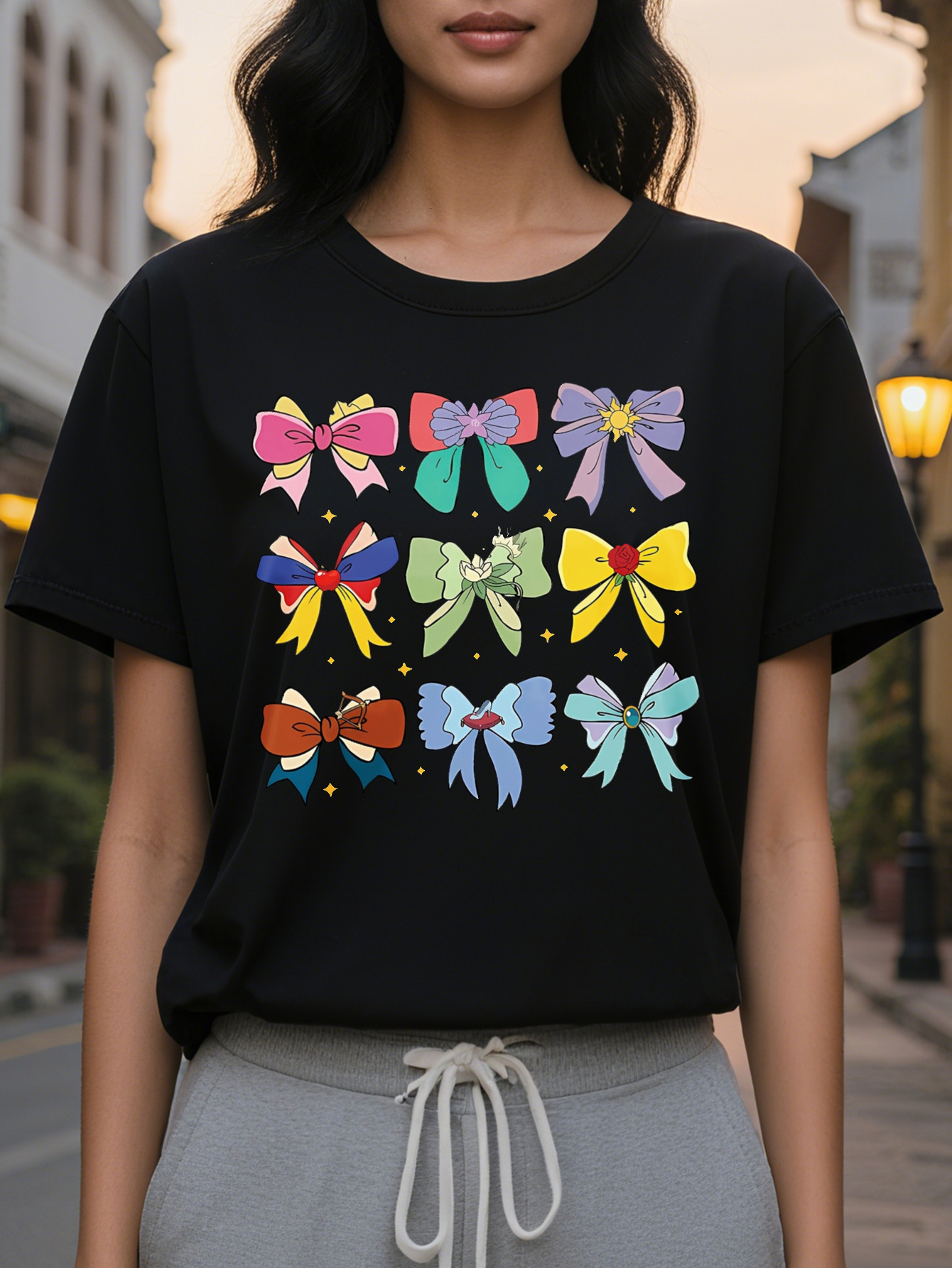 Large XL Women's Crew Neck T-Shirt with Bow and Butterfly Short Sleeve Summer Style Light Blue Jeans All-Season Top Casual Plus Size