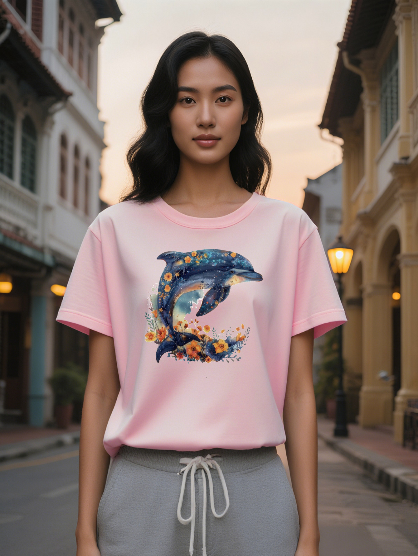 Lady Crew Neck T-Shirt with Vibrant Print Soft Pure Cotton Short Sleeve Summer Style Washable Perfect Gift