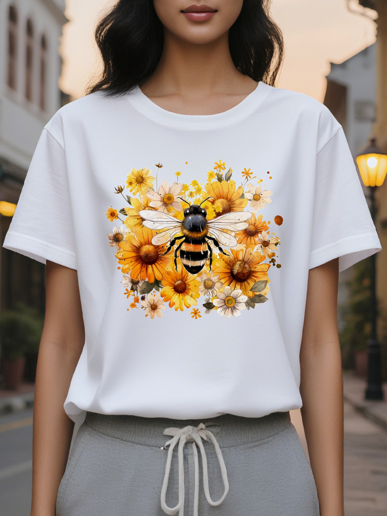 Women s Bee Flower Print Sleeve T Shirt Elegant Round Neck Casual Top Medium Elastic Washable Comfortable Regular Fit