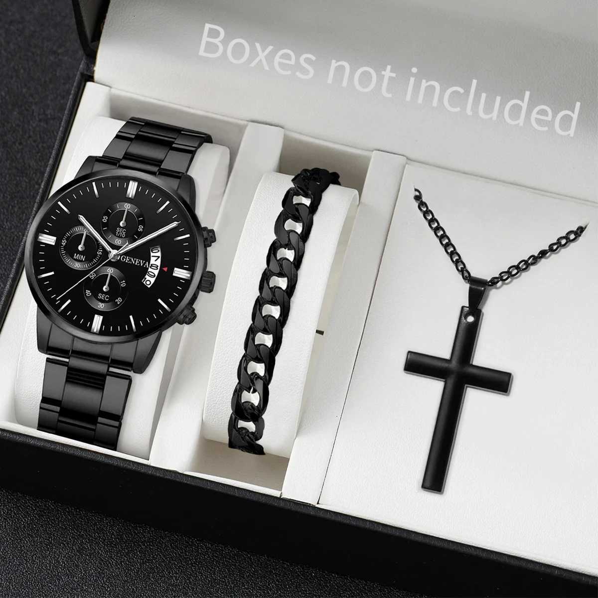 3PCS Mens Watch Set Business Trend Classic Round Dial Quartz Watch Bracelet Necklace Set Perfect Gift for Friends or Dad X250904
