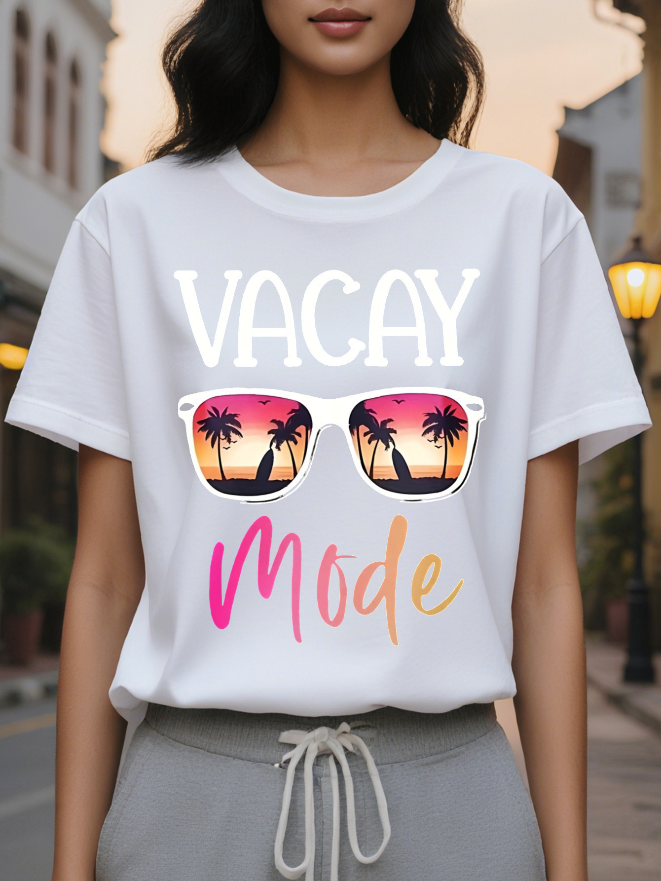 Black Women s Short Sleeve Crew Neck T-Shirt Tropical Palm Tree Sunset Graphic Print with Vacay Mode Text hine