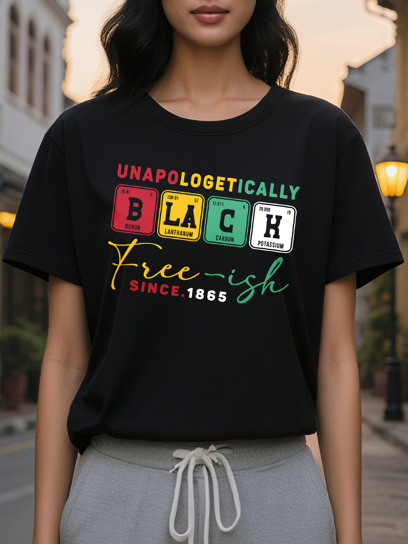 Large XL Women's Juneteenth Freedom Graphic T-Shirt Unapologetically Black Free ish Since Periodic Table Design Short Plus Size