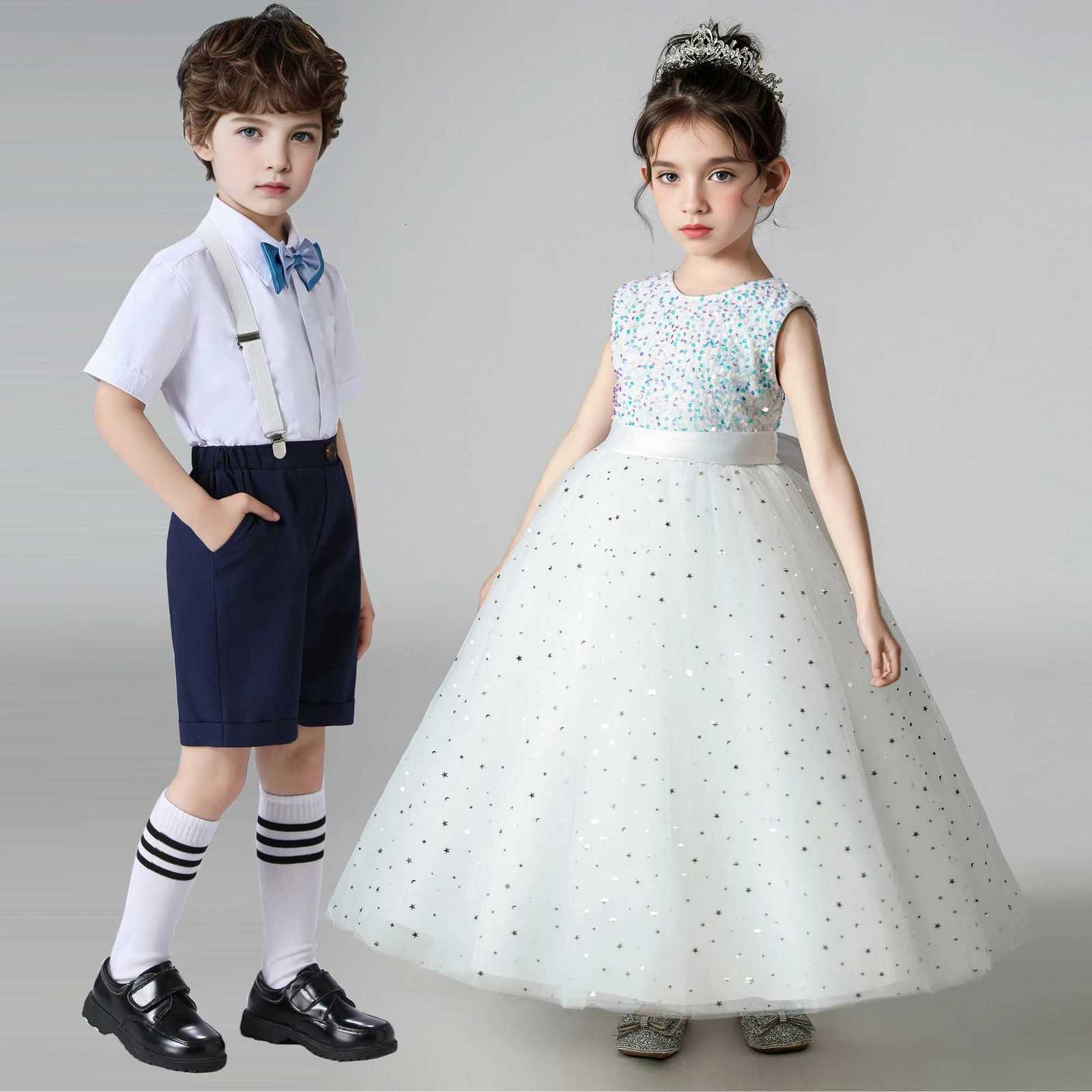 Kids Girl Princess White Long Dress Baby Girl Wedding Ceremony Party Gown Children Boy 2pcs Shirt+Pant Suit For Performance Z250904