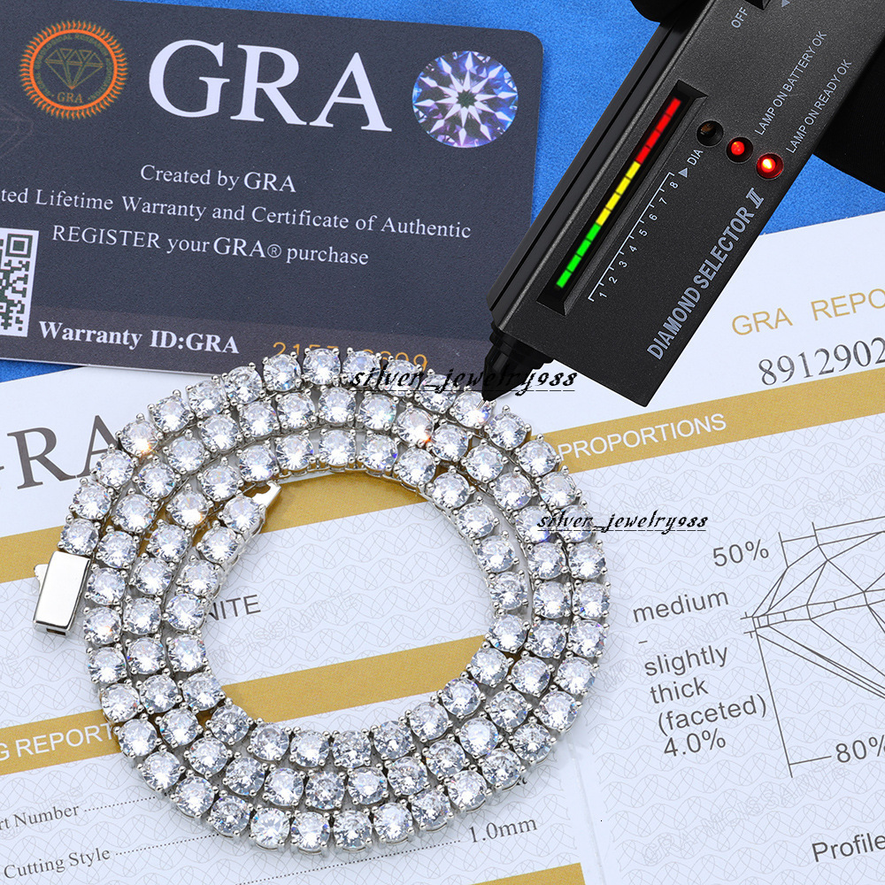 Hip Hop 925 Sterling Silver VVS Moissanite Diamond Necklace Classic Tennis Chain for Men and Women Fine Jewelry