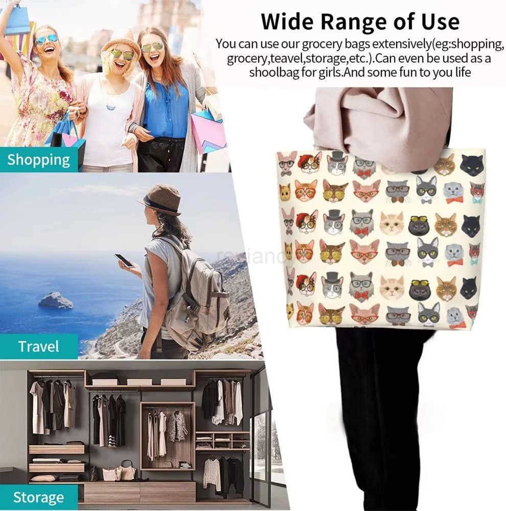 Tote Bag for WomenCute Purse Gifts for Cat LoversKitty Print Shoulder Reusable Shopping Handbags Casual Travel Polyester Summer Beach Grocery Bag Holi