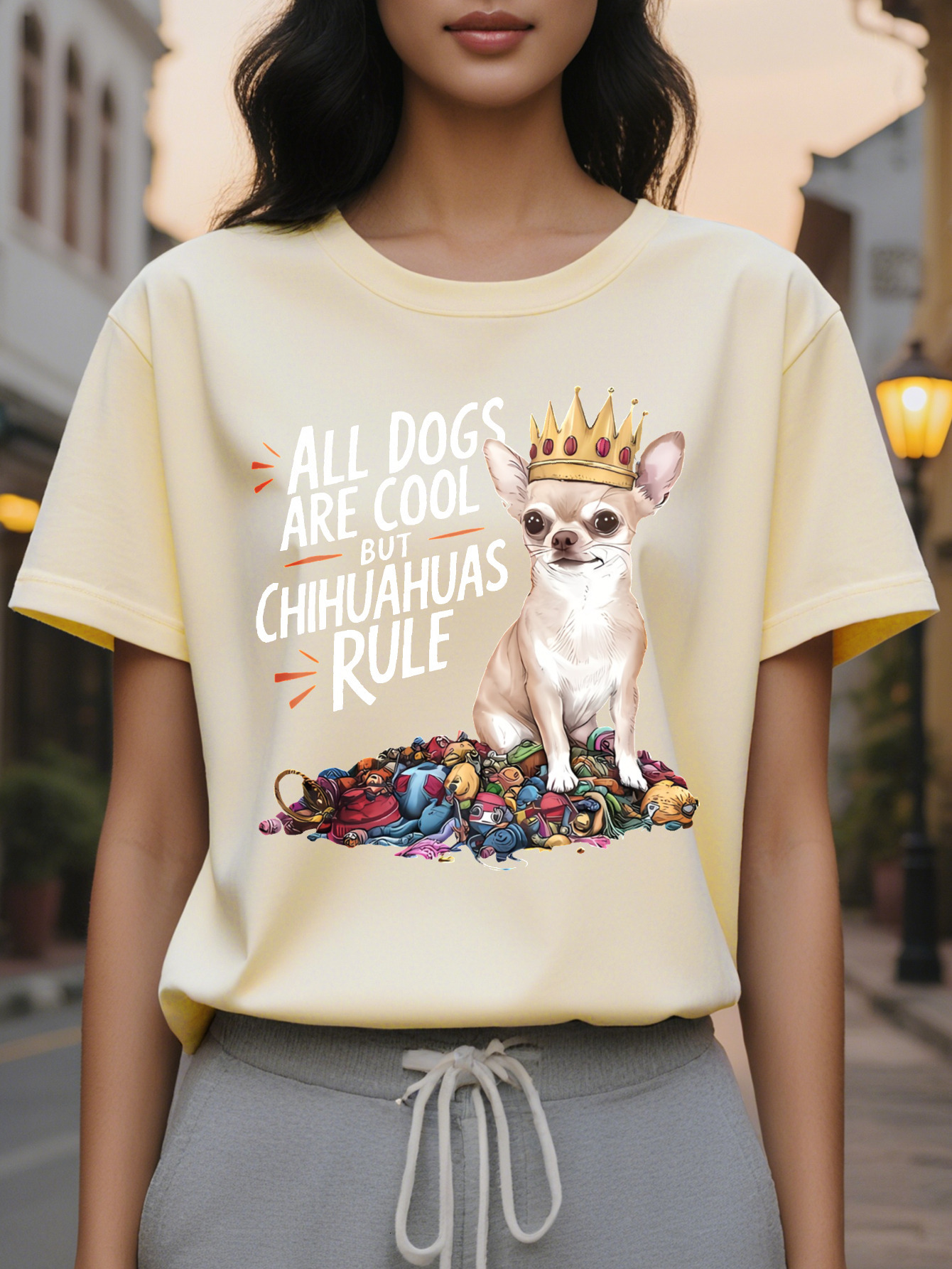 Women S Chihuahua Puppy Print T-Shirt Casual Crew Neck Short Sleeve Top Cotton Knit Fabric Slight Stretch