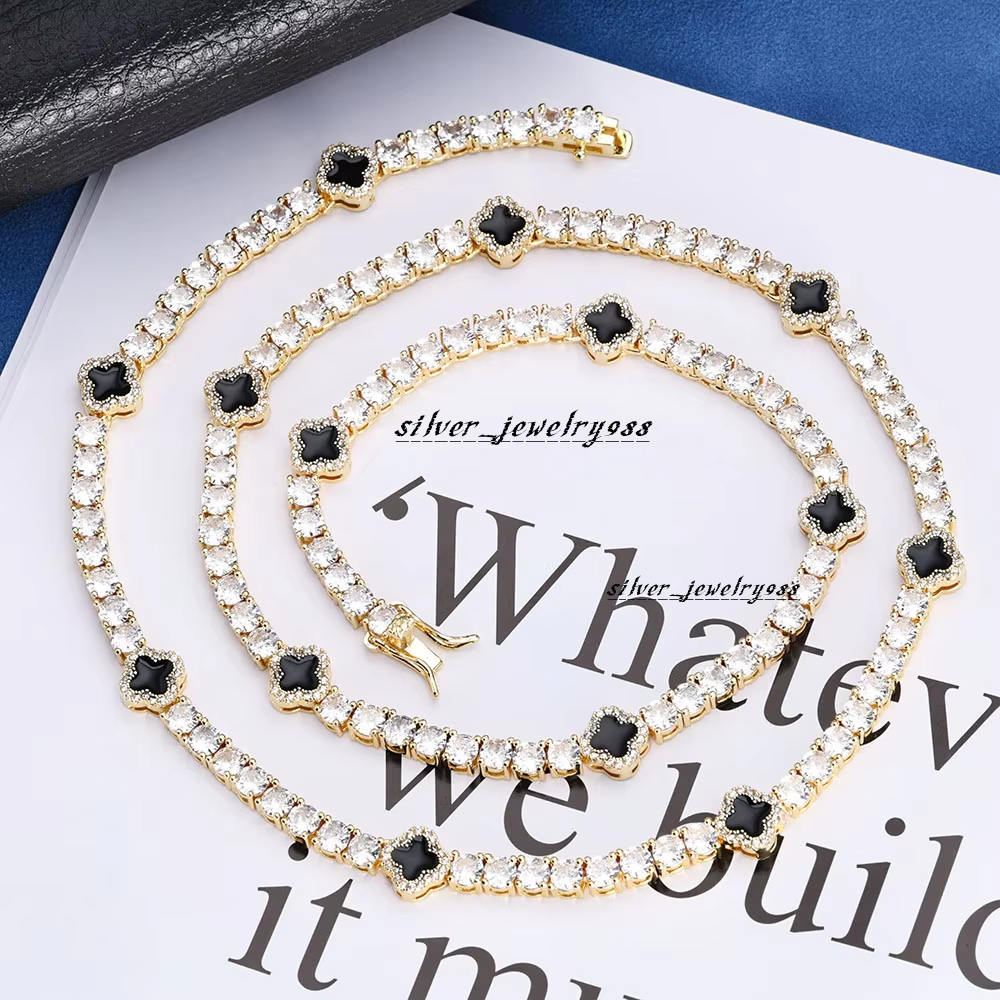 Fashionable Gold Plated 4mm Tennis Link Chain Necklace Unisex Hip Hop Style with Moissanite Diamond Black Clover Charm Jewelry Gift