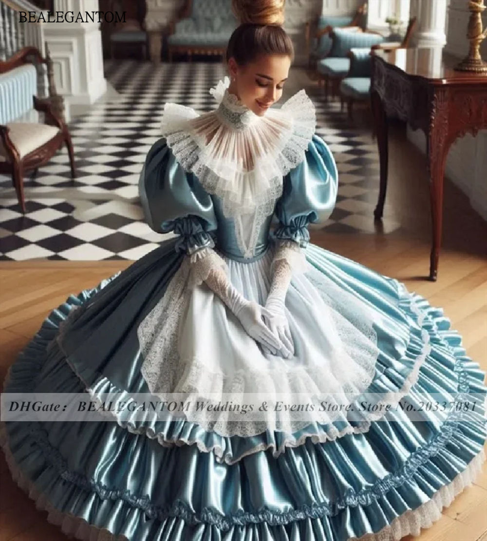 Blue Maix Prom Dresses 2025 Tokyo Halloween Costume Lace Tiered Lace High Neck Customized Formal Occasion Evening Party Gown BQ8