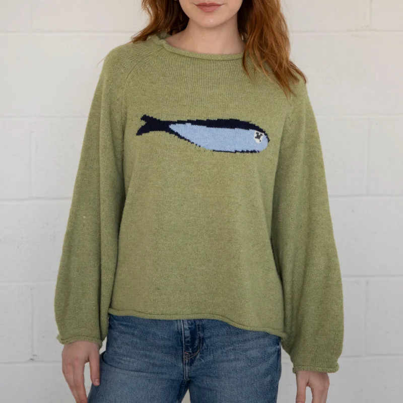 Womens Vintage Roundneck Fish Pattern Knitted Sweaters Casual Long Sleeve Soft Pullovers Autumn Winter Basics Knitted Top 250903