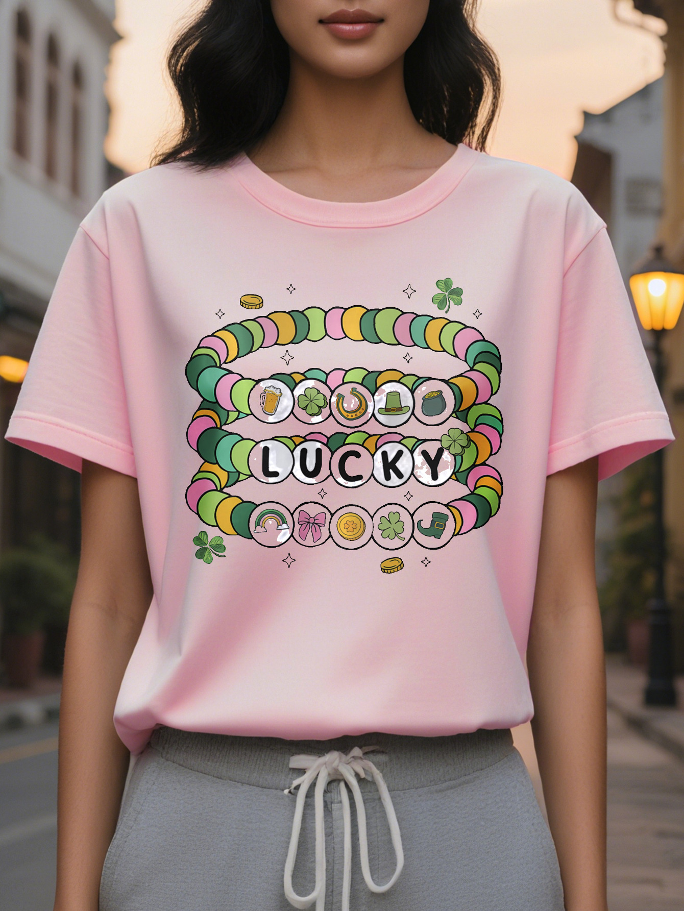 100% Linen Cotton St Patrick s Day Lucky Pattern T Shirt Casual Round Neck Short Sleeve Top with Colorful Beaded Bracelet Design