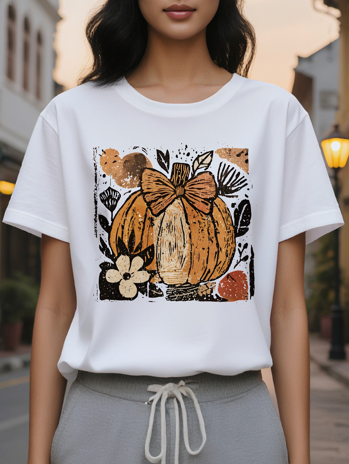 Large XL Women's Creamy White Halloween Print Sweatshirt Pumpkin Leaf Design with Plaid Bow Accent Cozy Round Neck Pullover Plus Size