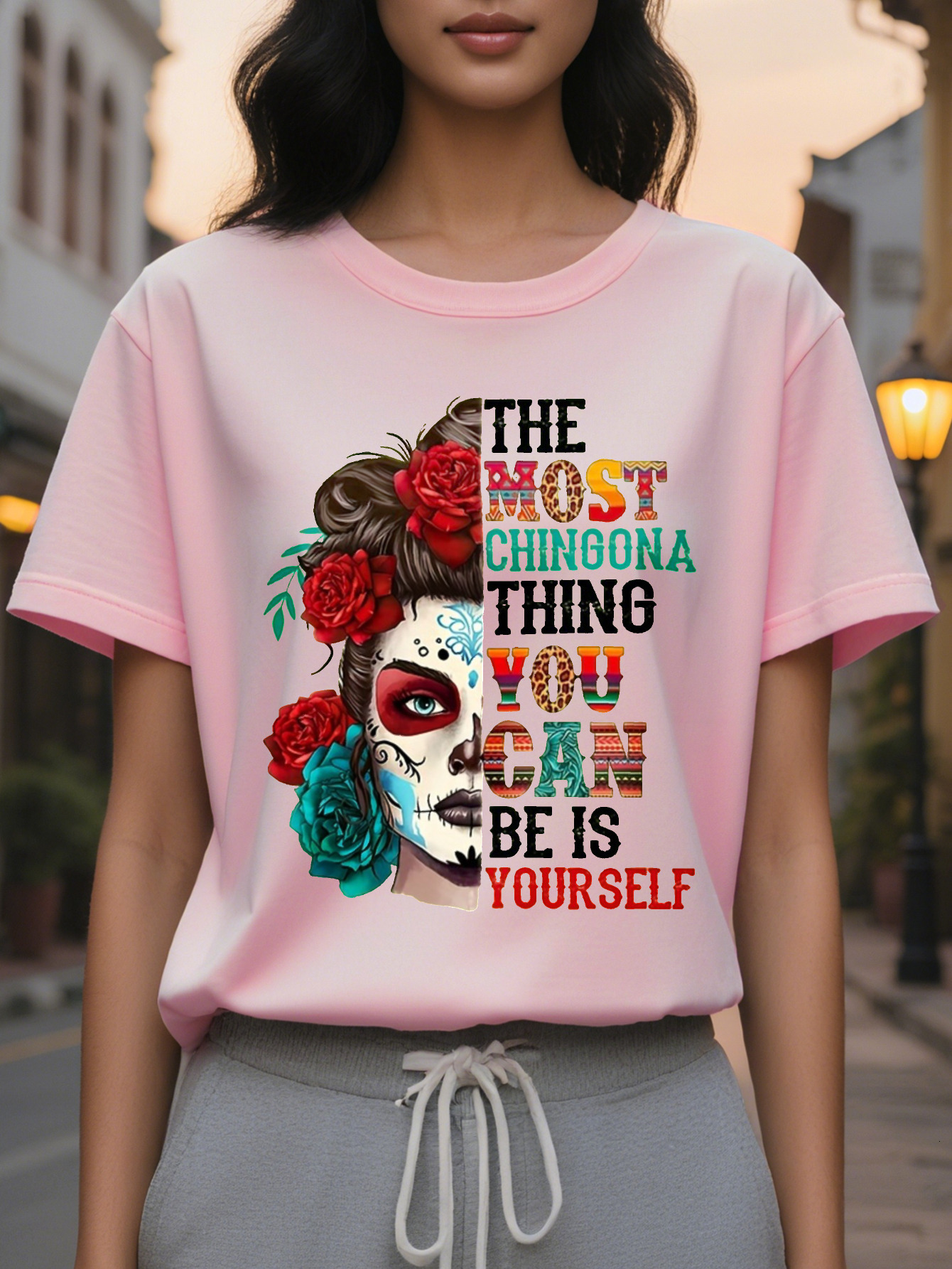 100% Cotton American Fashion Printed Round Neck Short Sleeve T-shirt Women's Spring and Summer New Slim Fit