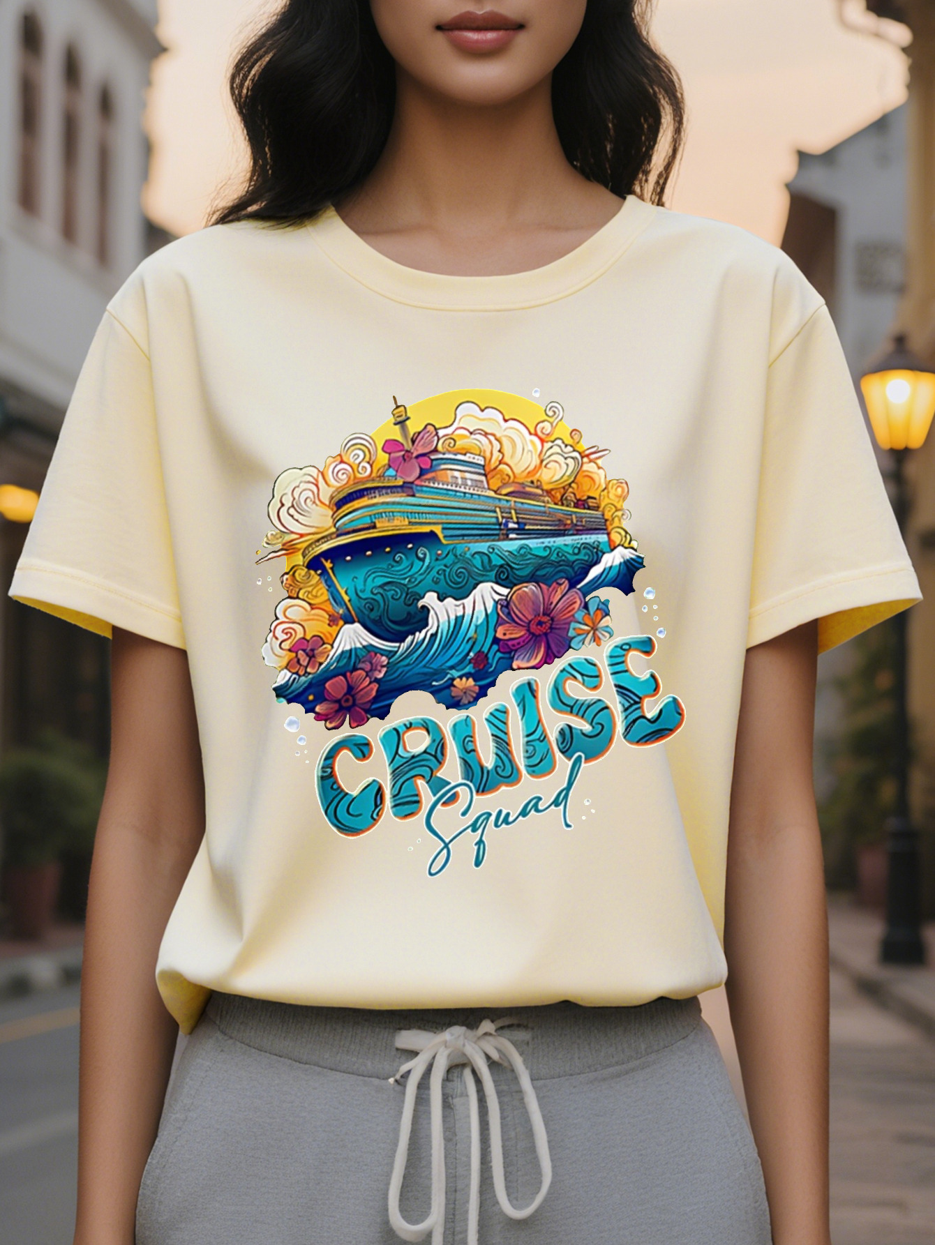 Women's CRUISE pattern printed T-shirt with nautical whale wave design, cotton fiber, light square meters, loose version