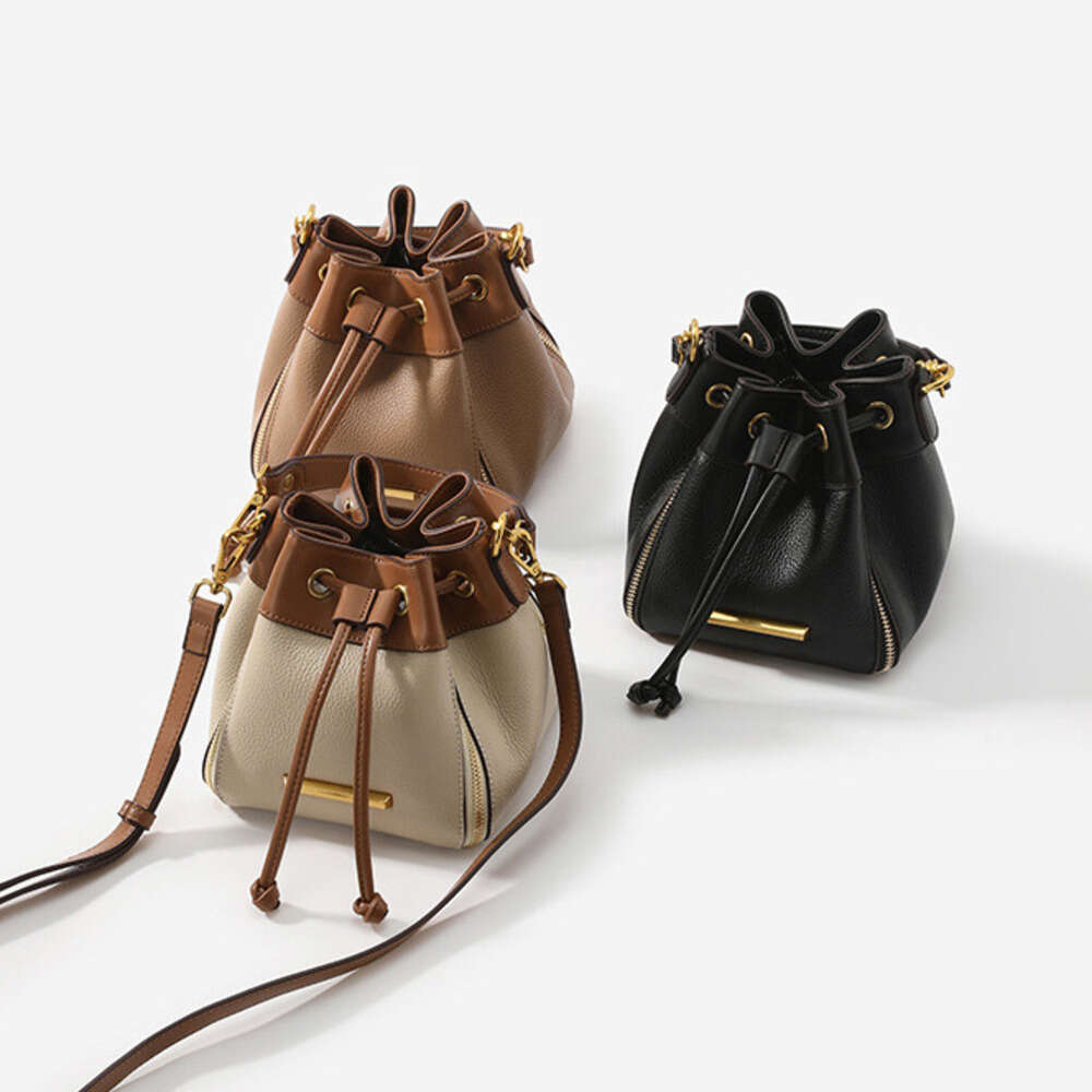 DHEssentials 2025 Women's Trendy Bucket Bag, Patchwork Colors, Genuine Leather, Drawstring Top, Crossbody/Handheld, Tan/Brown/Black