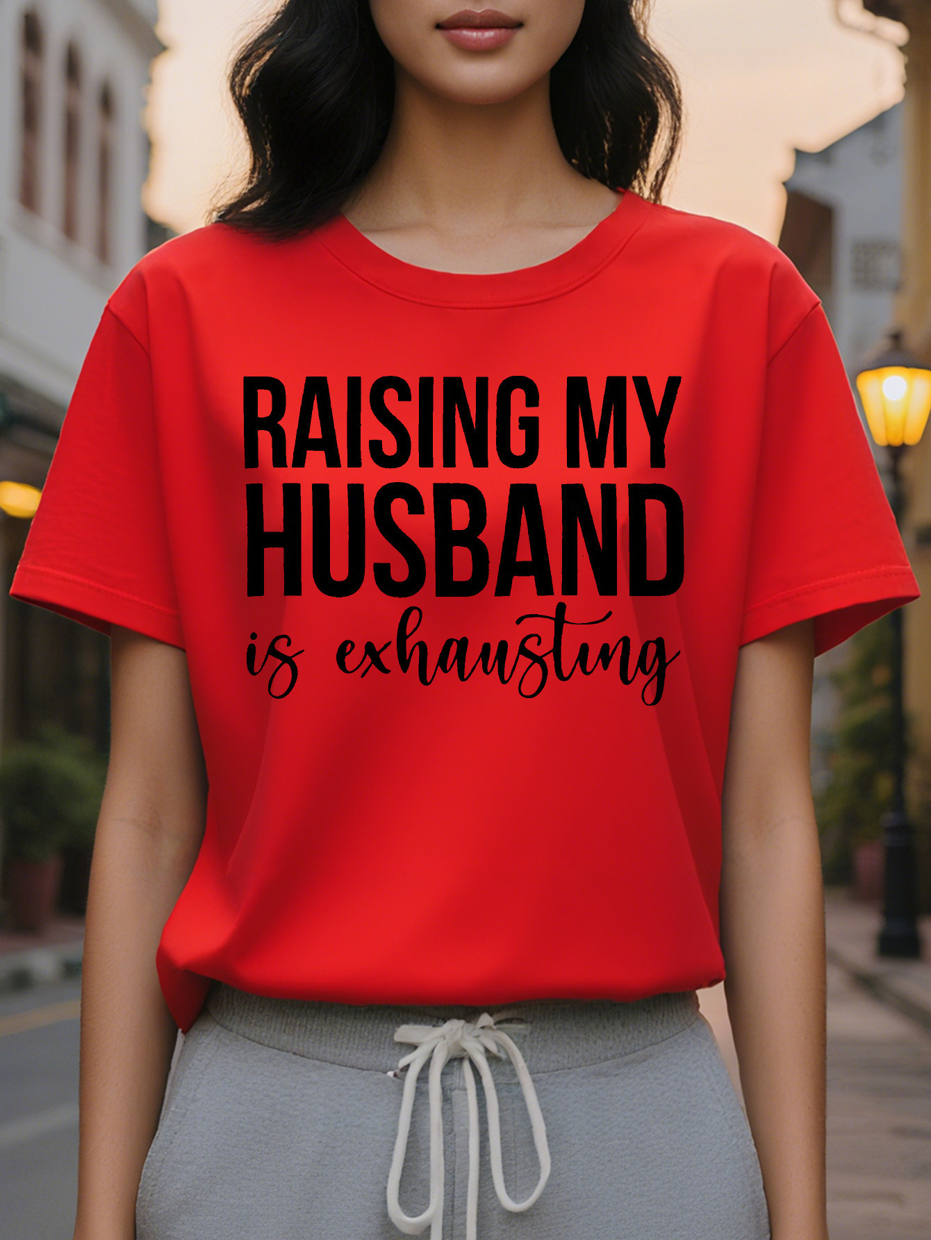 Large XL Women's Raising My Husband Is Exhausting Graphic T-Shirt Soft Stretchy Summer Tee with Bold Text Print Round Neck Plus Size