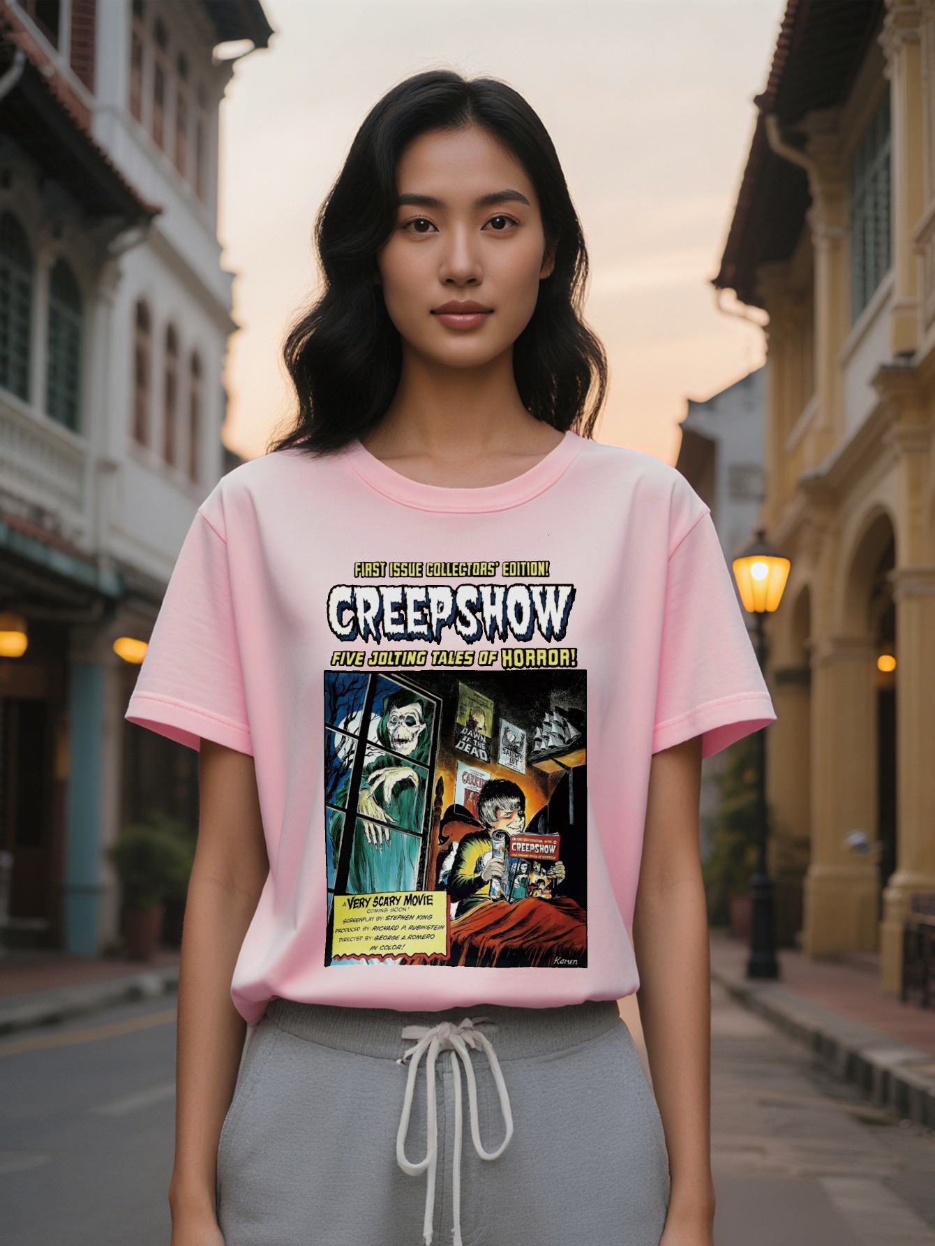 Large XL Lady Graphic T-Shirt Creepshow Five Jolting Tales Collection Casual Crew Neck Tee with Spooky Poster Design Perfect Plus Size