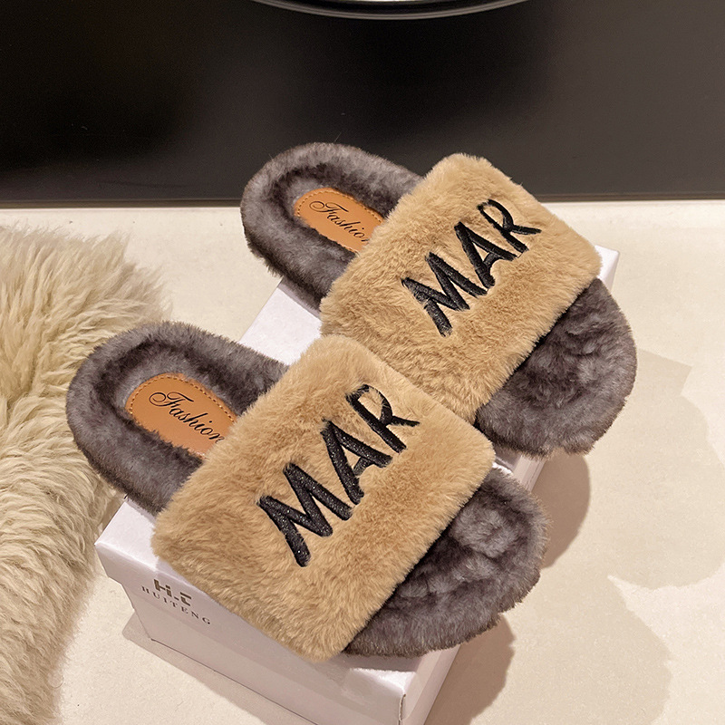 Women's fluffy slippers suitable for outdoor wear flat sole ins trendy shoes autumn and winter 2025 thick-soled cotton slippers spring and summer