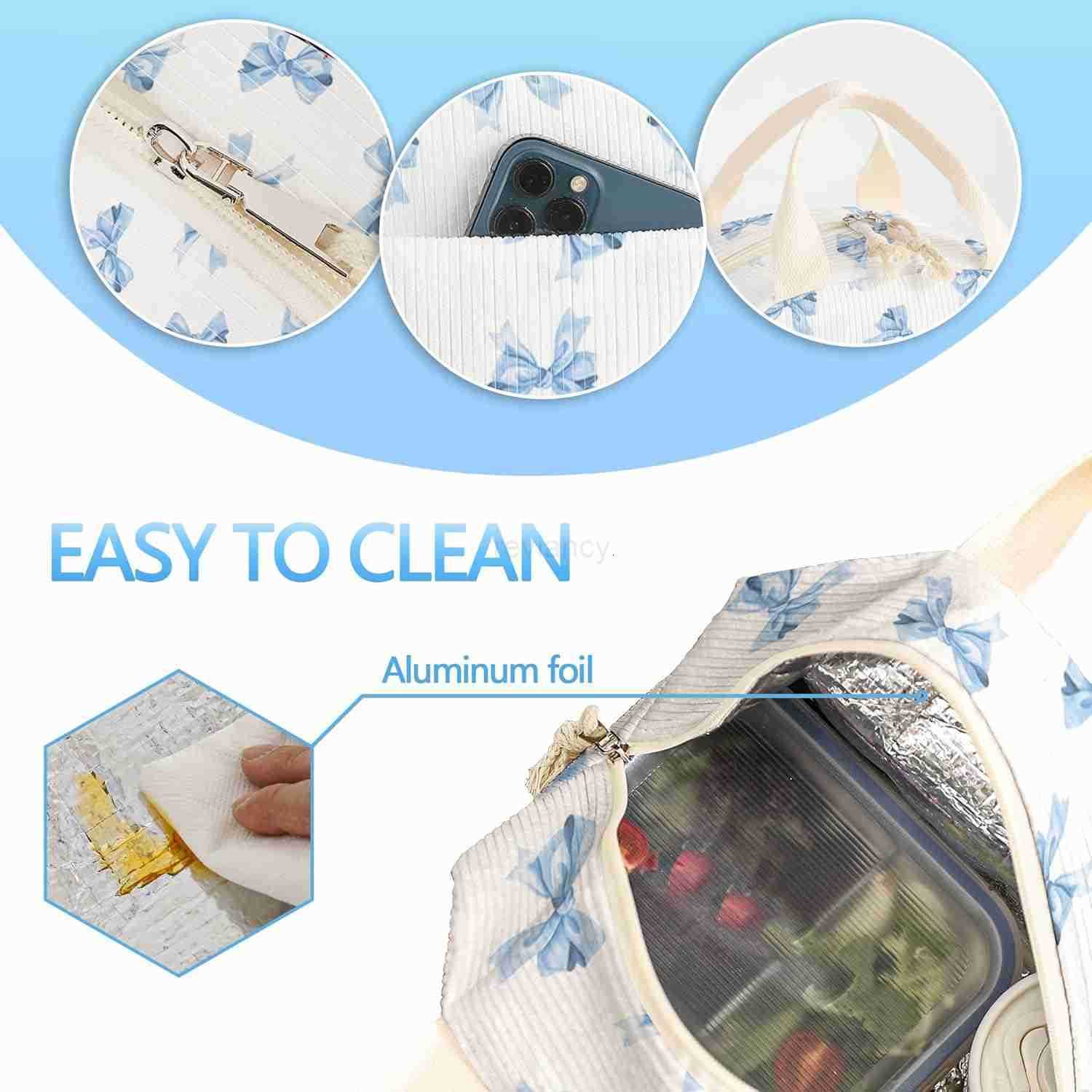 Lunch Box for Women and MenInsulated Corduroy Fabric Lunch Bags for WorkLeakproof Adults Cooler Tote Bag for OfficesPicnicTravelOutdoor Blue Bow TieW2