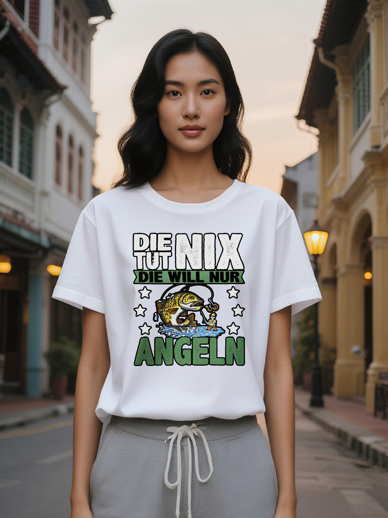 Large XL Women's Casual Versatile Round Neck T-Shirt Fisherman Print with Angelfish Graphic Regular Fit Summer Wear Perfect Gift Plus Size