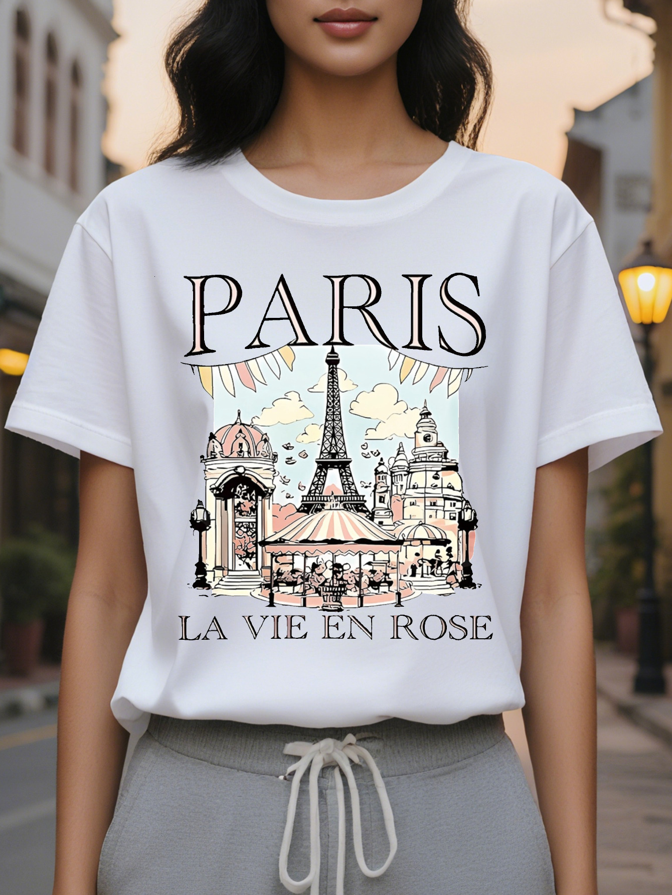 Paris Landmarks Print Fashion T Shirt Cotton Knit Fabric for Women Casual Crew Neck with Eiffel Tower Design All Seasons