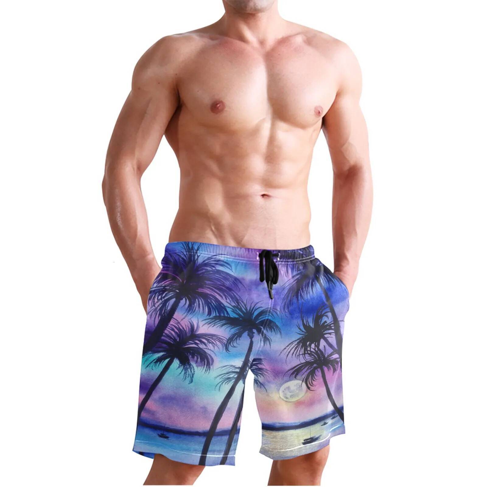 Summer Men's Fashion Swimming Trunks Hawaiian Palm Tree Printed Beach Quick-Drying Sea Fishing Holiday Shorts Men