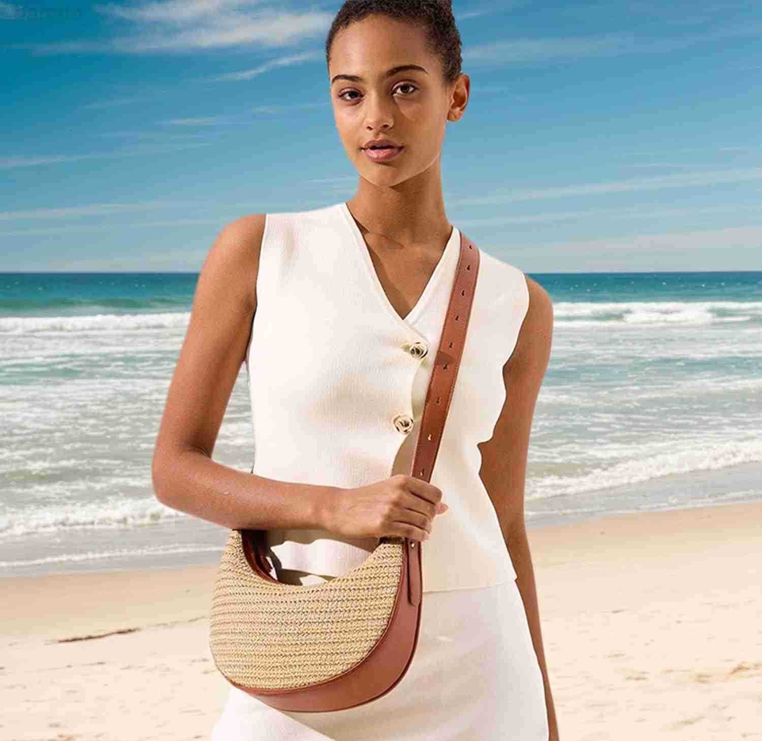 Straw Crossbody Shoulder BagBeach Woven Hobo Bag Shoulder Underarm Bag Chic Crescent Purses with Adjustable Straps M250903