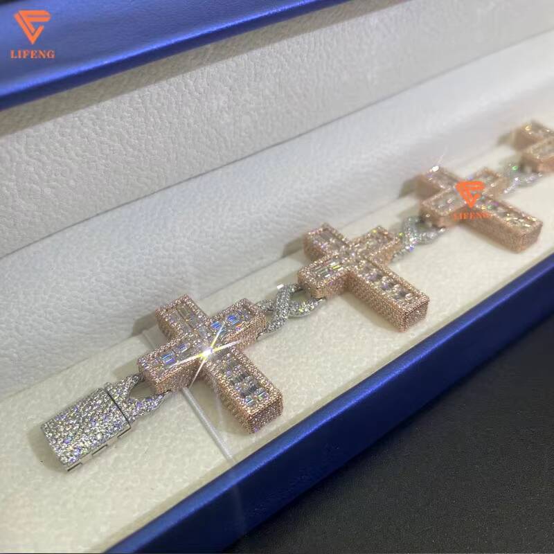 Lifeng Jewelry Ice Cross Cuban Link Chain Hiphop Baguette Out VVS Moissanite Two Tone Solid Sterling Silver Men Women Bracelet