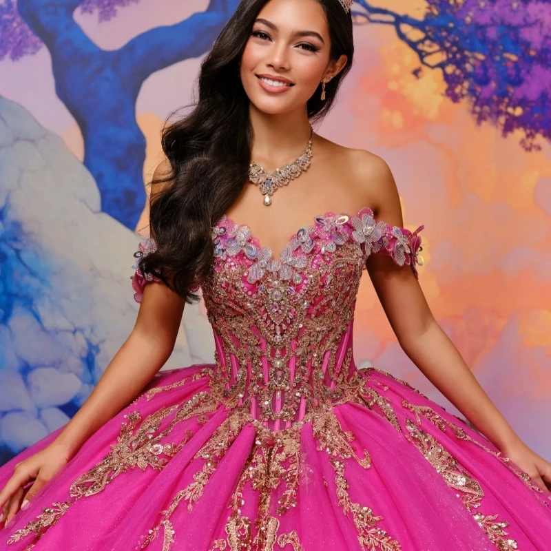 Rose Red Shiny Quinceanera Dresses Ball Gown Off The Shoulder Gold Applique Beading Crystal Bow Tull Sweet 16 Dress Vestidos 15 Anos